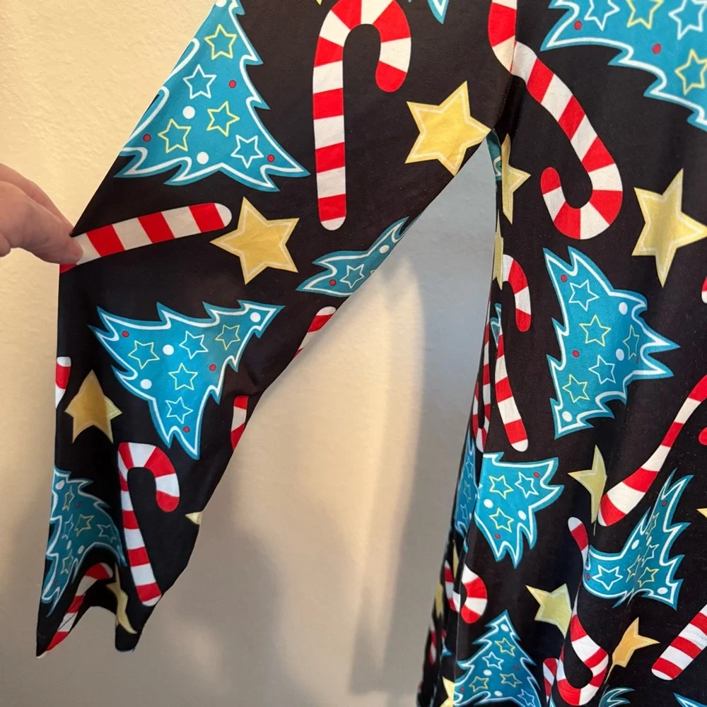 Christmas dress with bright colors, candy canes and trees large